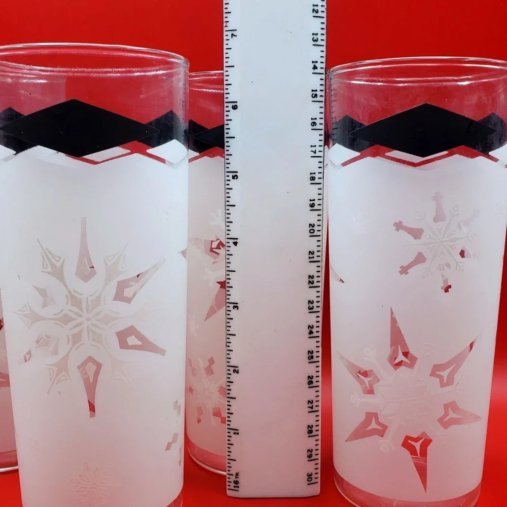 Anchor Hocking Frosted Snowflake Tall Glass Tumblers MCM Black White Diamond Bar